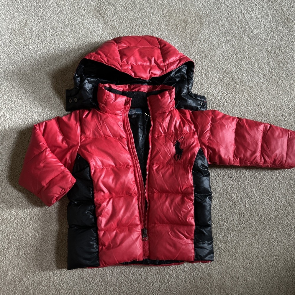 Polo Ralph Lauren Down Puffer Jacket Boys 3T Toddler Red Pony Full Zip Red Black